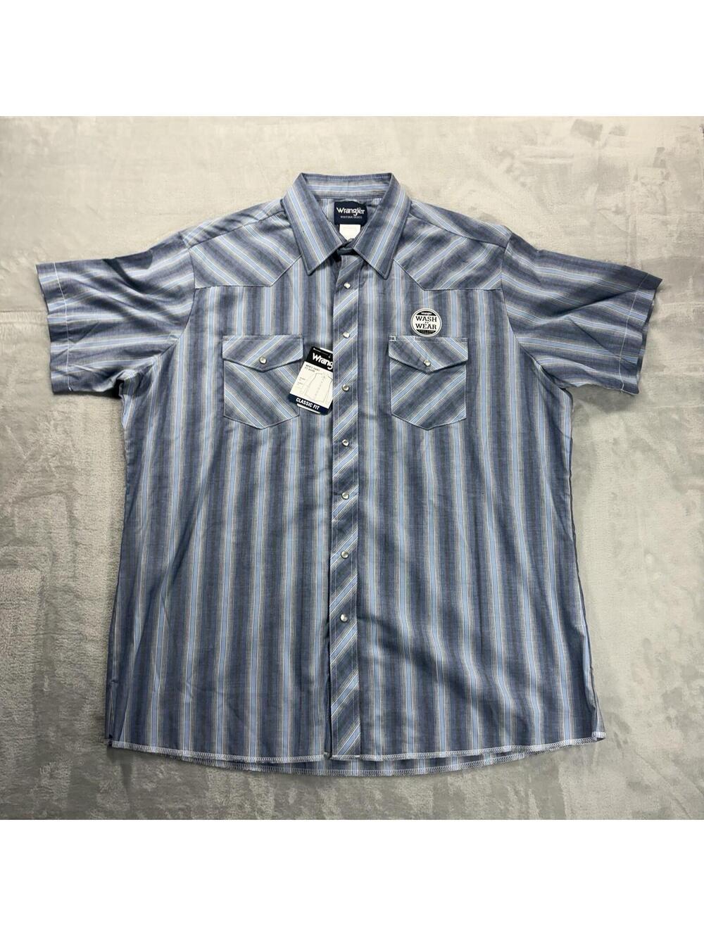 Wrangler Shirt Men's 2XLT Striped Blue Premium Wester Lightweight Pearl Snap NEW